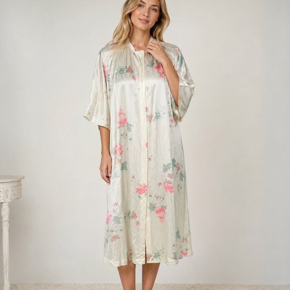 Vintage Vanity Fair Floral Button Front Midi Robe Small
